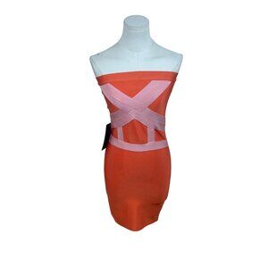 Bebe Womens Strapless Orange & Pink Bandage Dress Sz M - New